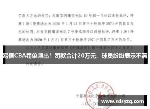 易信CBA罚单频出！罚款合计20万元，球员纷纷表示不满