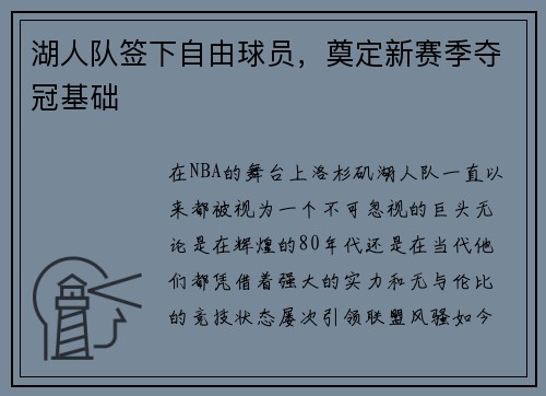 湖人队签下自由球员，奠定新赛季夺冠基础